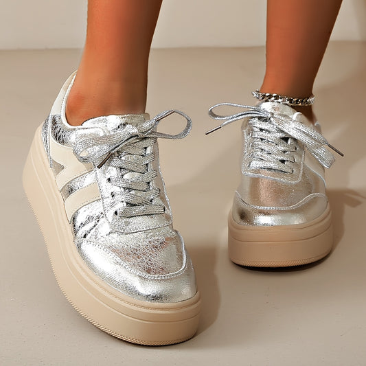 Sneakers argentate da donna con plateau, stringate, punta tonda, scarpe casual