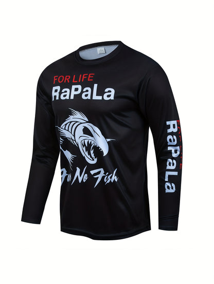 Maglietta a maniche lunghe elasticizzata ad asciugatura rapida da uomo con motivo a pesci - Perfetta per pesca, ciclismo e attività all'aperto, Primavera/Autunno, Scollo tondo, Moda