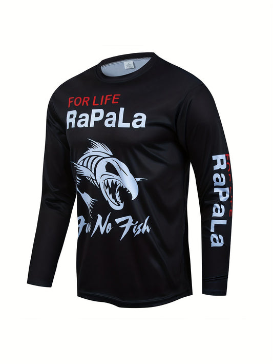 Maglietta a maniche lunghe elasticizzata ad asciugatura rapida da uomo con motivo a pesci - Perfetta per pesca, ciclismo e attività all'aperto, Primavera/Autunno, Scollo tondo, Moda