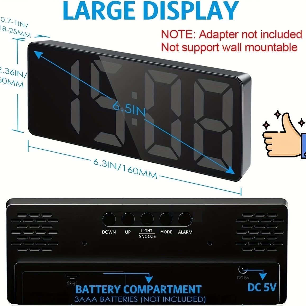 1 sveglia digitale a LED, display HD a specchio con funzione snooze, luminosità regolabile su 3 livelli, con temperatura, 12/24 ore, sveglia elettronica a batteria e USB per camera da letto, arredamento per la casa