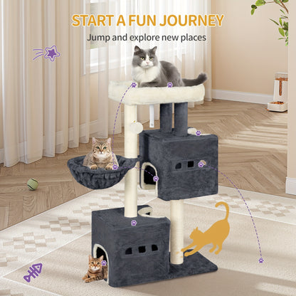 98cm Scratching Post, Cat Tree, Small Scratching Post, Multi-storey Scratching Post with Perch, Cat House Furniture with 2 Caves, Sisal Cat Scratching Post, Hammock, Cave, Dark Grey/light Grey, Cat Climbing Tree, Feline Enric