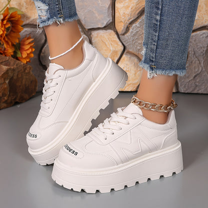 Sneakers casual da donna con lacci - Traspiranti, suola spessa, punta tonda, rivestimento sintetico - Bianche, sneakers alte