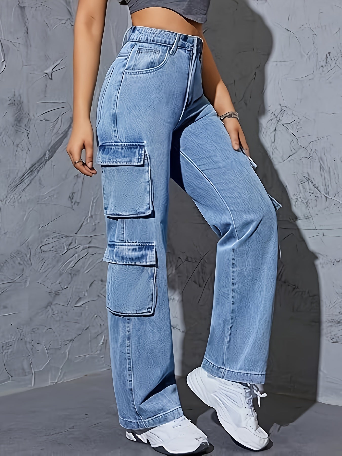 High-Waisted Cargo Denim Jeans for Women, 75% Cotton Blend Street Style Y2K Baggy Trousers with Flap Pockets, Solid All-Season Oversized Wide Leg Pants, Medium Stretch Woven Fabric