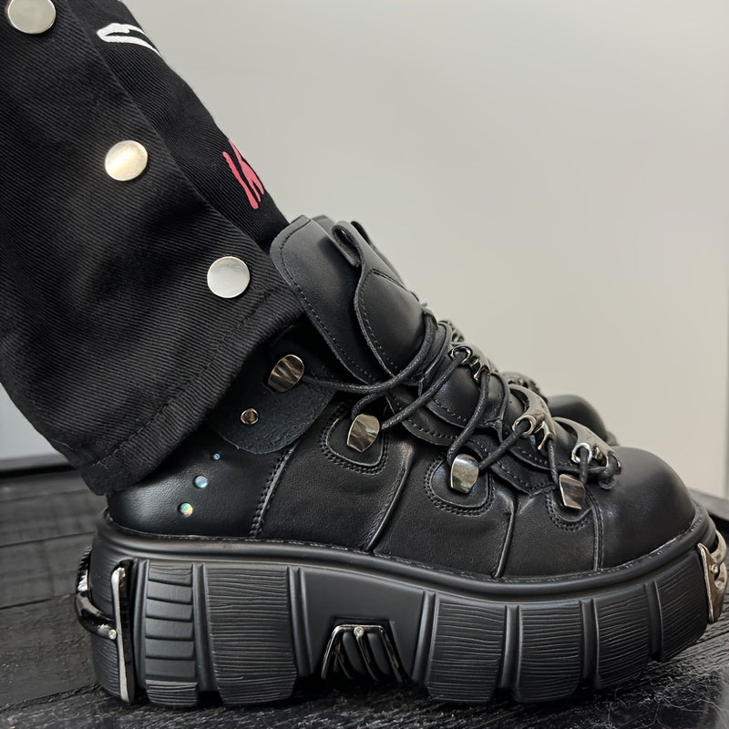 Women's Metallic Decor Platform Sneakers, Punk Rock Lace Up Outdoor Shoes, Comfortable Heel Height Shoes, Gothic Ankle Boots Round Toe Thick Sole Booties plus size