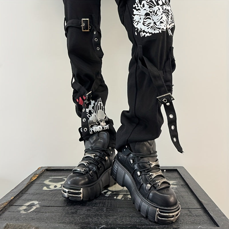 Women's Metallic Decor Platform Sneakers, Punk Rock Lace Up Outdoor Shoes, Comfortable Heel Height Shoes, Gothic Ankle Boots Round Toe Thick Sole Booties plus size