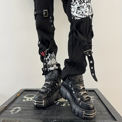 Women's Metallic Decor Platform Sneakers, Punk Rock Lace Up Outdoor Shoes, Comfortable Heel Height Shoes, Gothic Ankle Boots Round Toe Thick Sole Booties plus size