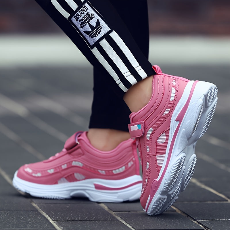 Girl's Solid Sneakers With Hook & Loop Fastener, Comfy Non Slip Casual Soft Sole Shoes For Kids Outdoor Activities