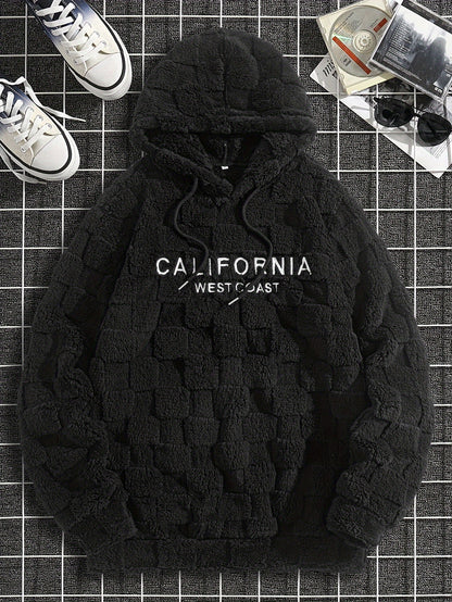Felpa con cappuccio da uomo in peluche ricamata California Westcoast - Pile doppio in poliestere spesso e morbido con dettagli a quadri, pullover casual a maniche lunghe per autunno e inverno, felpa con cappuccio foderata in pile