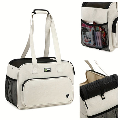 1pc Lightweight Minimalist White Cat & Dog Shoulder Bag - Large Capacity Breathable Pet Carrier with Multiple Compartments, Adjustable Strap, Secure Zipper Closure & Side Pockets, Perfect for Outdoor Travel, Shopping, and Dai
