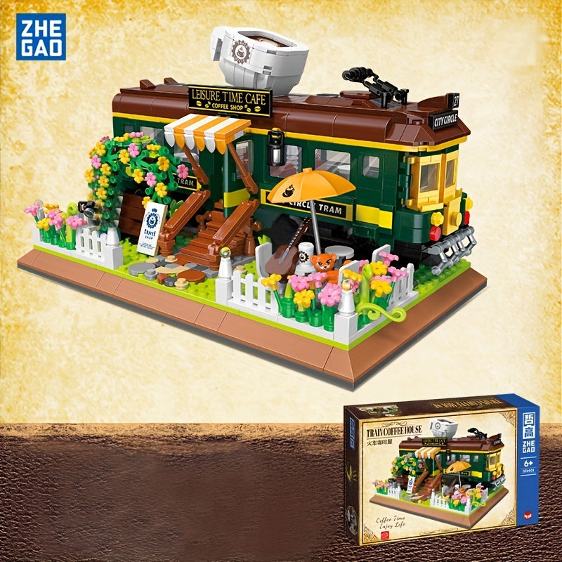 1081pcs Train Cafe House Assembled Toy Ornament, Green Faux Leather Train, City Shop, Street Scene Assembly Toy Model, Creative Retro Construction Set, Halloween/Thanksgiving Day/Christmas gift