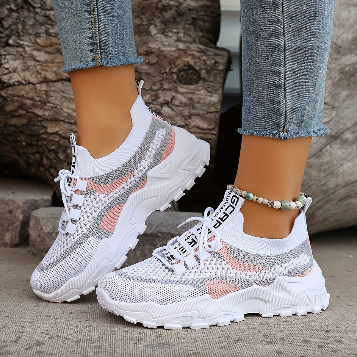 Sneakers casual da donna con blocchi di colore, scarpe da corsa traspiranti con lacci e design intrecciato volante, eleganti calzature casual con plateau in rete.