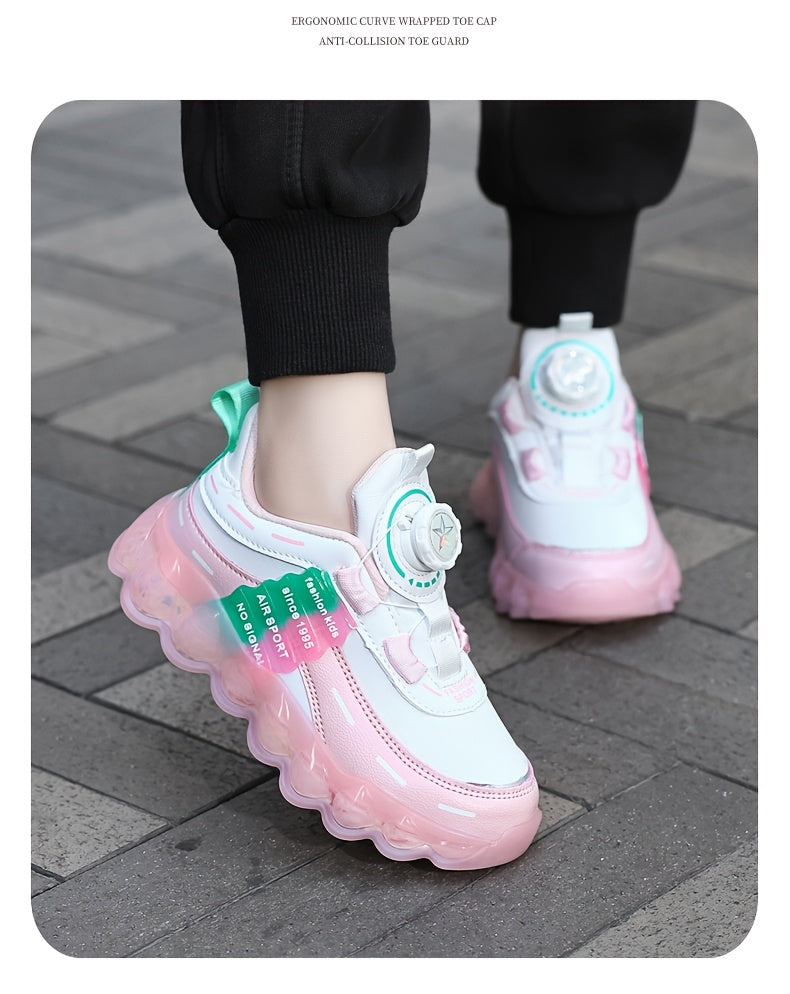 Kids' Preppy Sports Sneakers with Rotating Buckle, Lightweight EVA Sole, Non-Slip PU Upper, Comfortable Fabric Lining, Alphabet Pattern, All-Season Casual Footwear for Outdoor Activities, Training, Hiking - Ideal for Valentin