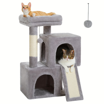 Pawz Road Cat Scratching Post with Dual Condos for Indoor Cats, All-in-One Cat House with Padded Perch, Scratching Ramp And Posts, with Interchangeable Balls