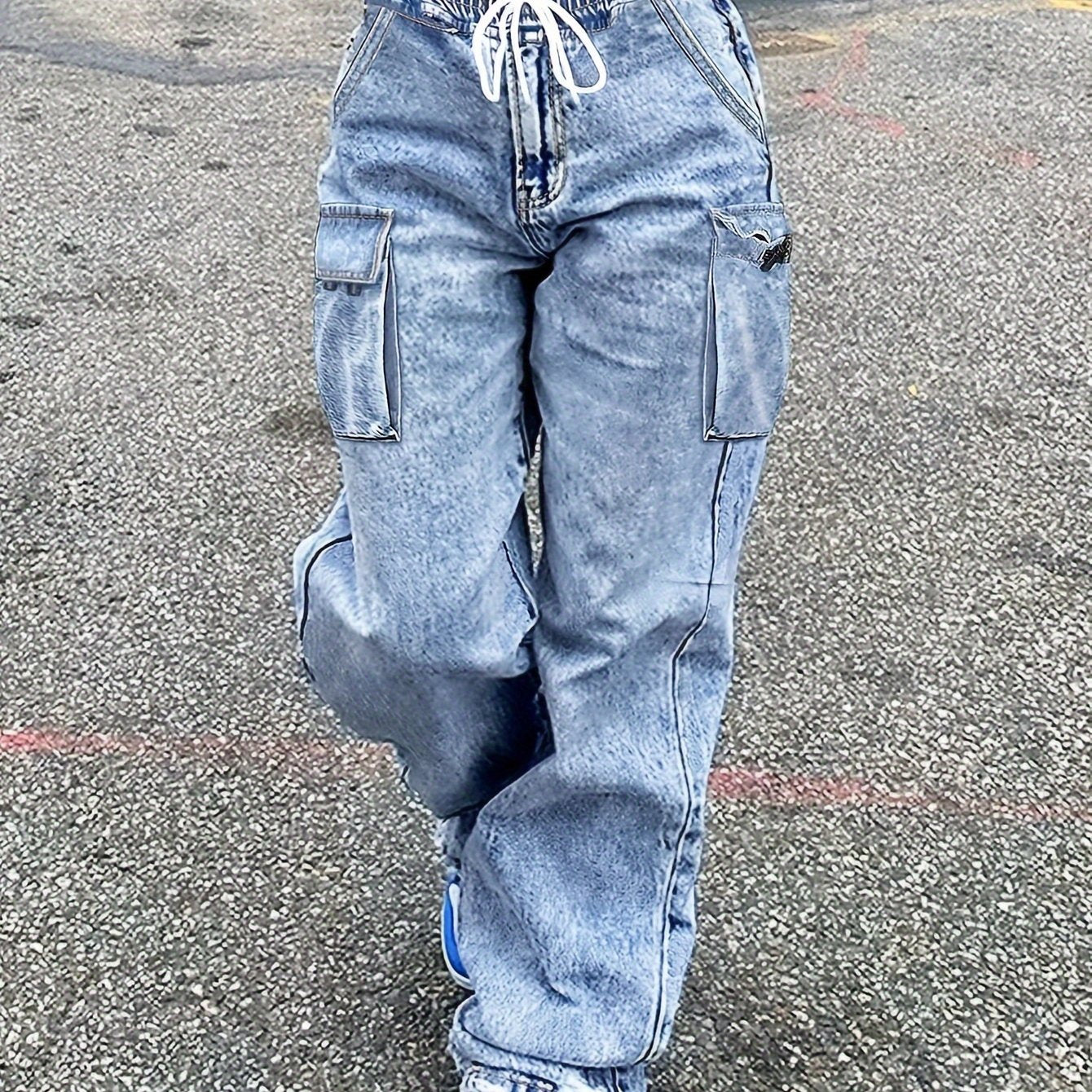 Jeans cargo a vita media da donna, pantaloni in denim elasticizzati con vita elasticizzata e gamba larga, con tasche, pantaloni larghi da streetwear Y2K