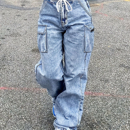 Jeans cargo a vita media da donna, pantaloni in denim elasticizzati con vita elasticizzata e gamba larga, con tasche, pantaloni larghi da streetwear Y2K
