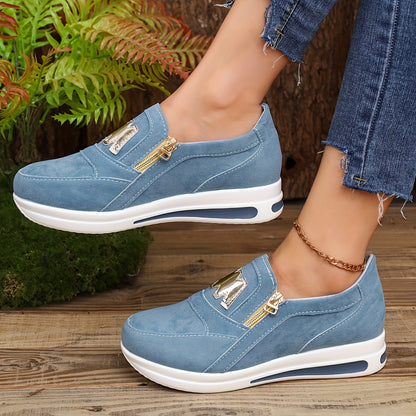 Sneakers con zeppa alla moda da donna, scarpe sportive casual, resistenti ed eleganti con cerniera e lettere decorative, comode e traspiranti, per tutti i giorni
