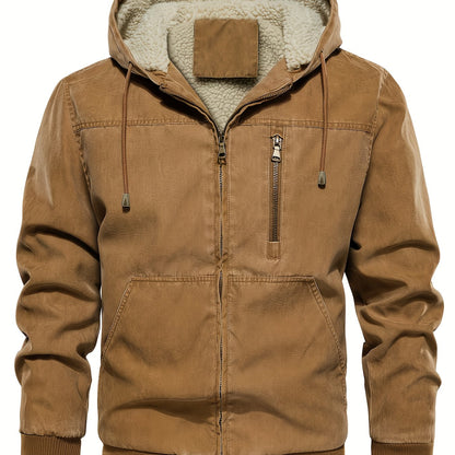 Men'S Distressed Hooded Softshell Jacket, Autumn Winter Outerwear with Pockets, Trendy Item