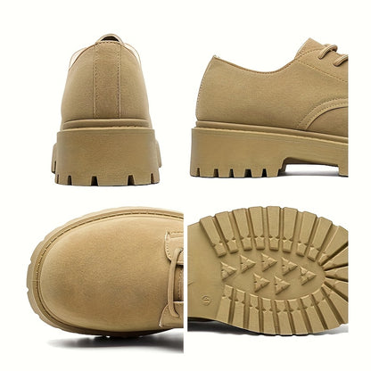Men's Casual Retro Workwear Derby Shoes - Thick Sole Height Increase, Breathable Upper, Lace-Up Round Toe Design for Spring/Fall, Tan Rubber Outsole & EVA Cushioning, Fall Comfort Footwear, Minimalist Style, Durable Footwear,