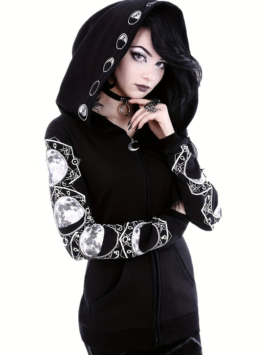 Black & White Moon Hoodie, Large Hooded Zip Up Front Pocket Sweater, Gothic Casual Tops, Women's Clothing