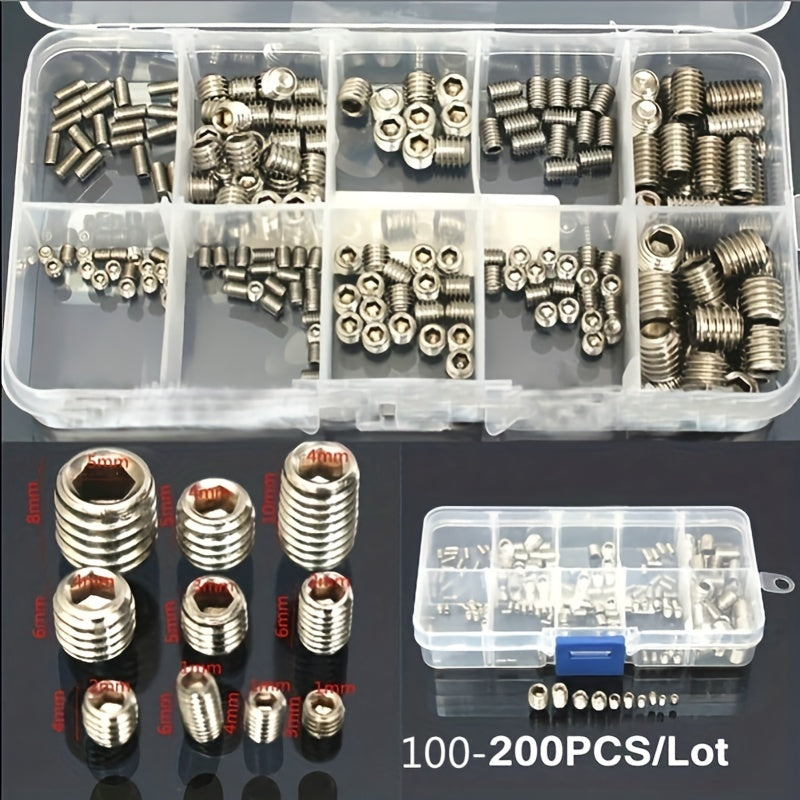 100-200pcs St 304 Stainless Steel Allen Head Socket Hex Set Grub Screw Cup Point Assortment