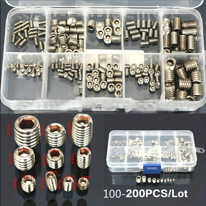 100-200pcs St 304 Stainless Steel Allen Head Socket Hex Set Grub Screw Cup Point Assortment