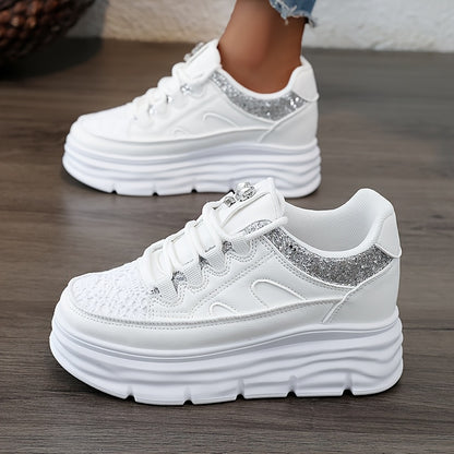 Sneakers da donna beige con dettagli glitterati - Altezza aumentata di 6 cm, suola in PVC resistente, scarpe da skate casual con lacci, tomaia in pelle sintetica di alta qualità, comode per un abbigliamento casual