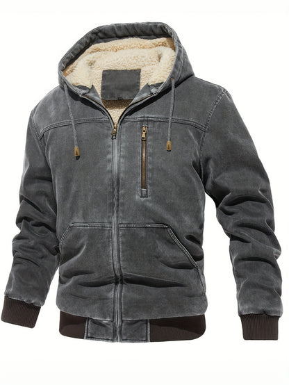 Men'S Distressed Hooded Softshell Jacket, Autumn Winter Outerwear with Pockets, Trendy Item