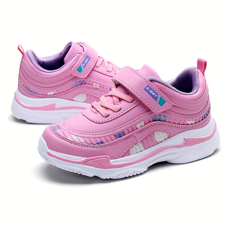 Girl's Solid Sneakers With Hook & Loop Fastener, Comfy Non Slip Casual Soft Sole Shoes For Kids Outdoor Activities
