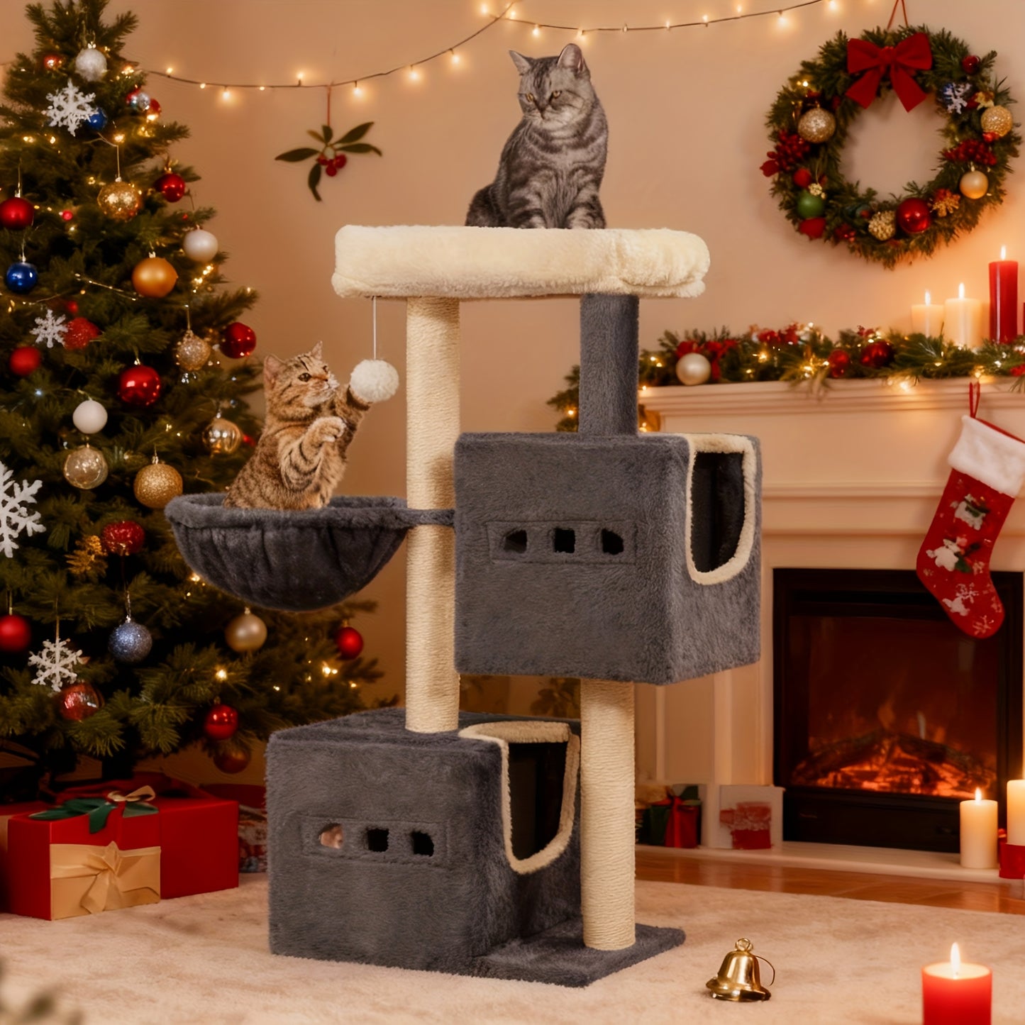 98cm Scratching Post, Cat Tree, Small Scratching Post, Multi-storey Scratching Post with Perch, Cat House Furniture with 2 Caves, Sisal Cat Scratching Post, Hammock, Cave, Dark Grey/light Grey, Cat Climbing Tree, Feline Enric
