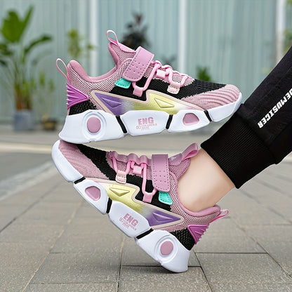 Sneakers traspiranti in maglia per bambine - Sneakers basse a righe alla moda con chiusura a strappo, leggere e comode per tutte le stagioni, design rosa e nero con tomaia in mesh e suola in EVA, adatte ai piedi dei più piccoli.