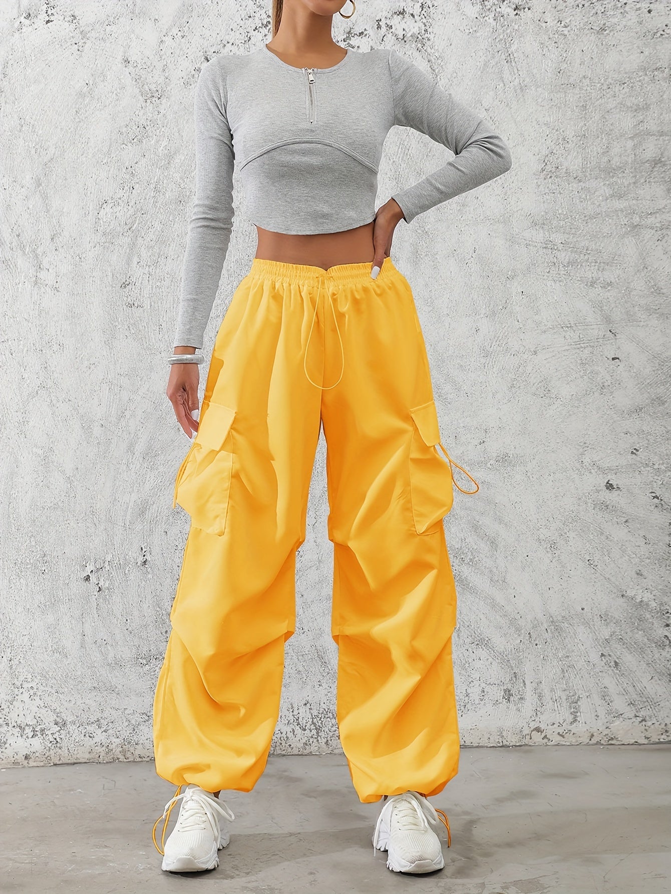 Women'S Fashionable Solid Color Polyester Cargo Pants, 100% Polyester, All-Season, Drawstring Waist, Woven, 120g/m², Adult Casual Elegant Trousers