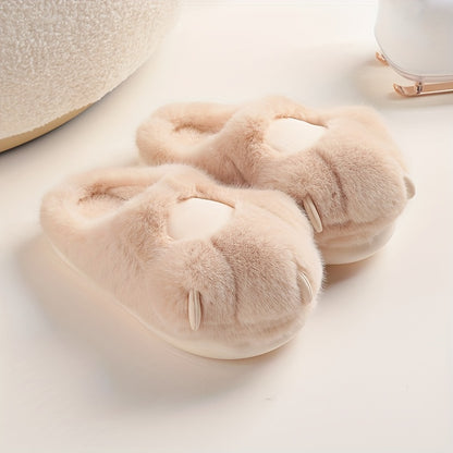 Women's Plush Novelty Slippers, Kawaii Cat Shaped Fluffy Slip On Shoes, Warm & Cozy Mute Slippers