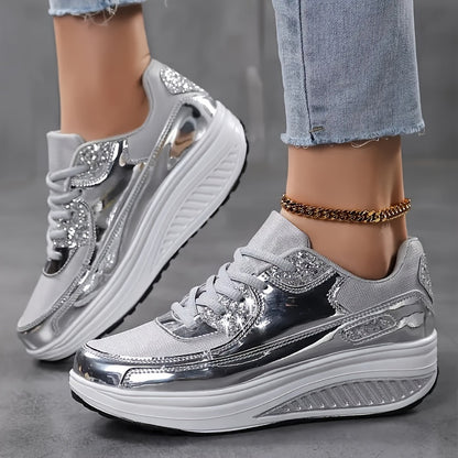 Sneakers glitterate alla moda da donna, scarpe casual riflettenti da passeggio, scarpe sportive leggere e rialzate, calzature comode con suola spessa