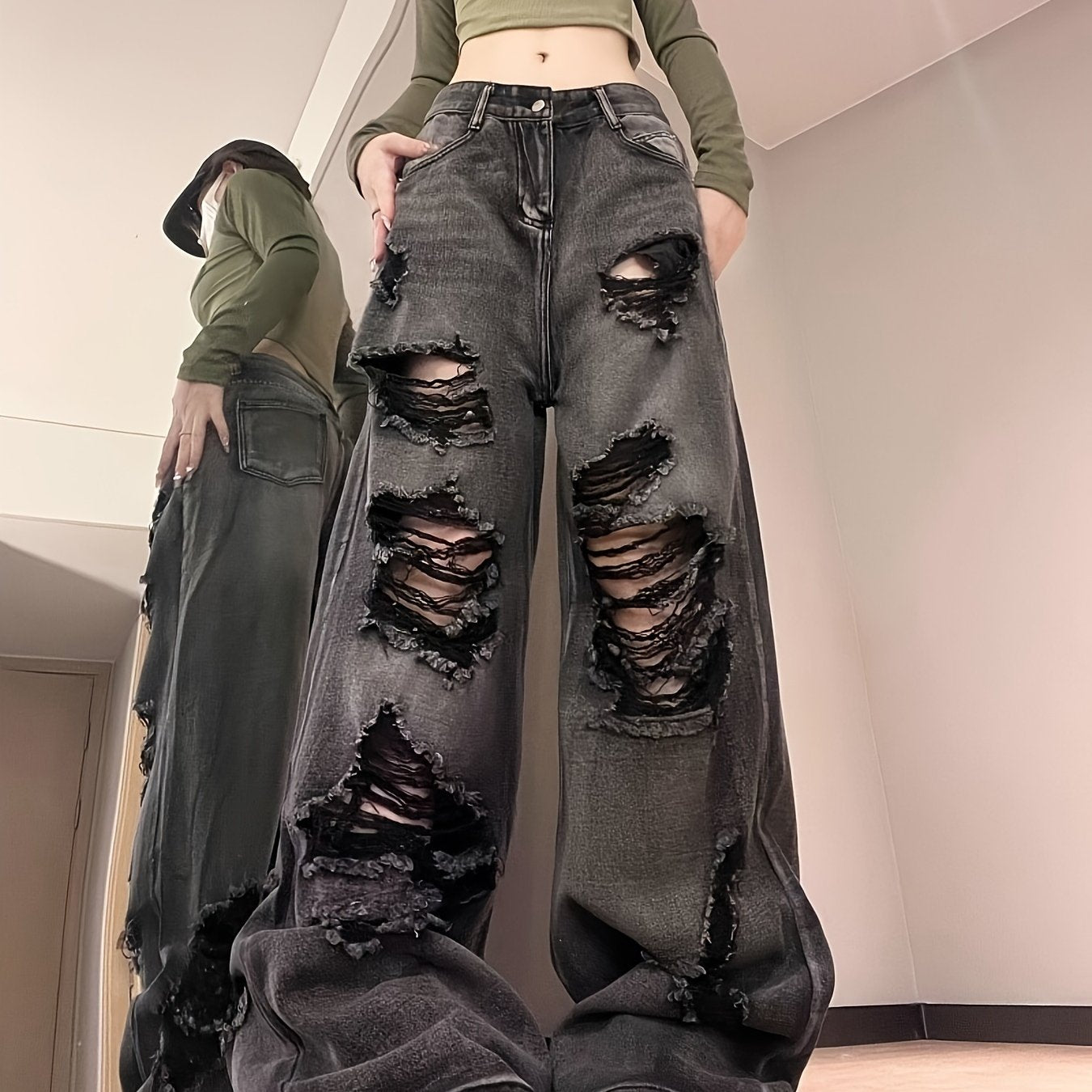 Women Ripped Jeans High Waist Fashion American Vintage Streetwear Harajuku Y2K Hip Hop Wide Leg Jean Female Denim Trouser Baggy Denim Pants