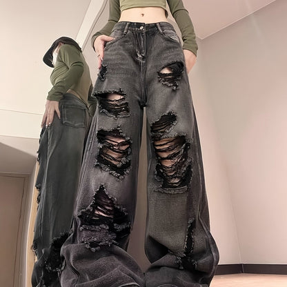 Women Ripped Jeans High Waist Fashion American Vintage Streetwear Harajuku Y2K Hip Hop Wide Leg Jean Female Denim Trouser Baggy Denim Pants