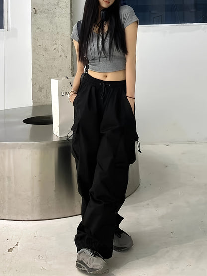 1pc Women'S Casual Cargo Pants, Solid Color Polyester, Spring/Fall Fashion, Multiple Pockets, Woven Weave, Adult Fit