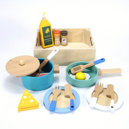 Set da cucina in legno per bambini - Giocattolo da cucina realistico con piatti e utensili, include cibo finto, regalo ideale per bambini e bambine dai 3 ai 6 anni, divertente kit per giocare di finzione