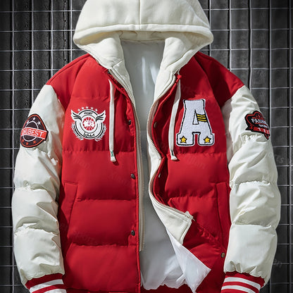Giacca pesante con cappuccio da uomo e da donna - Cappotto da baseball a blocchi di colore rosso e bianco con chiusura frontale con cerniera, tessuto non elasticizzato - Capispalla invernale per coppie, abbigliamento casual da strada