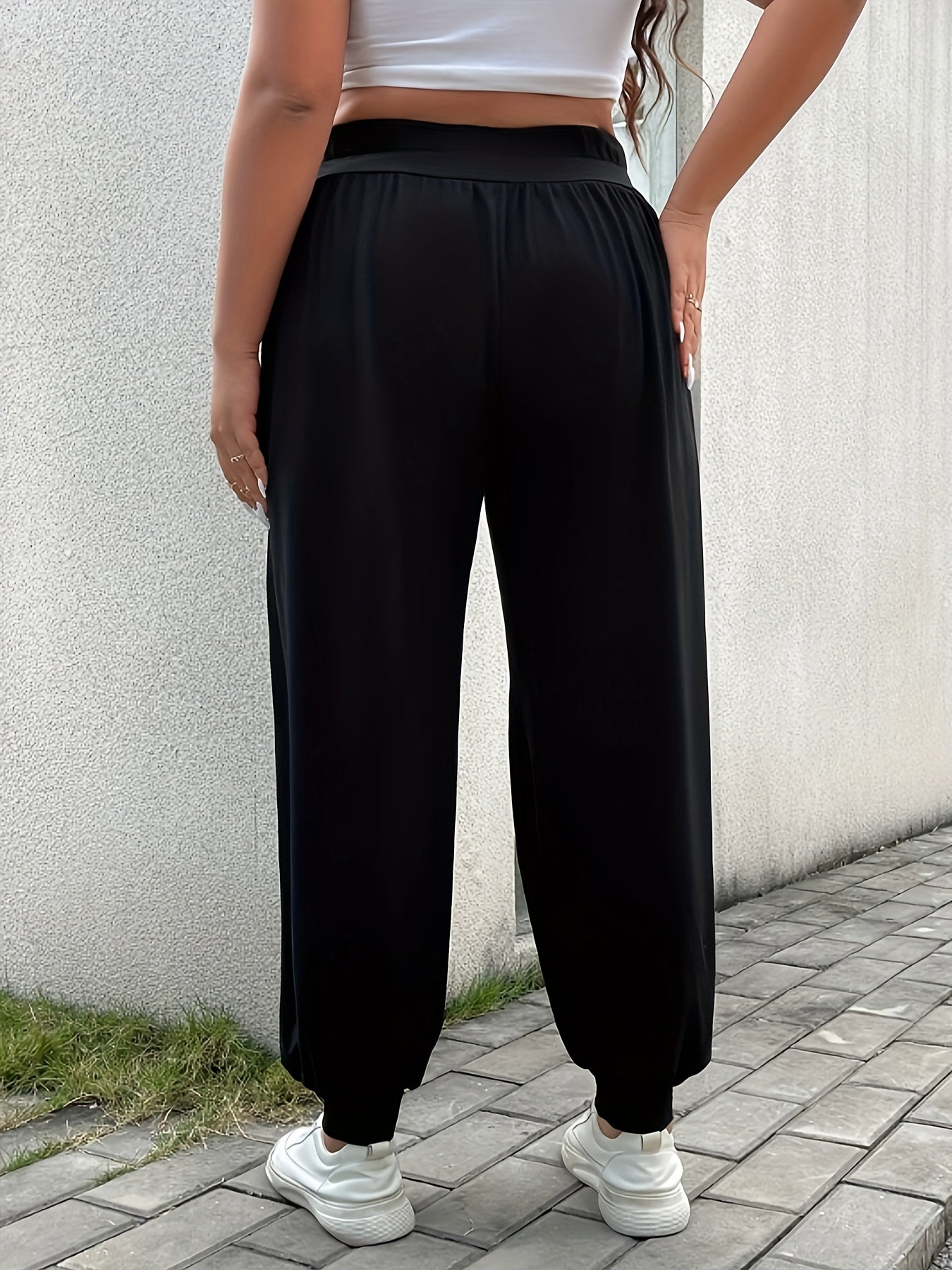 Plus Size Solid Ruched Baggy Joggers, Casual Elastic Waist Pants For Spring & Summer, Women's Plus Size Clothing