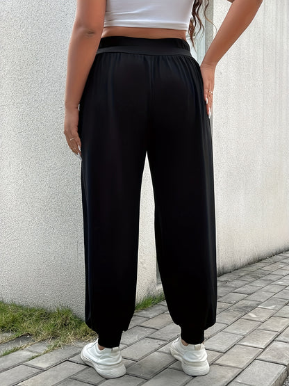 Plus Size Solid Ruched Baggy Joggers, Casual Elastic Waist Pants For Spring & Summer, Women's Plus Size Clothing
