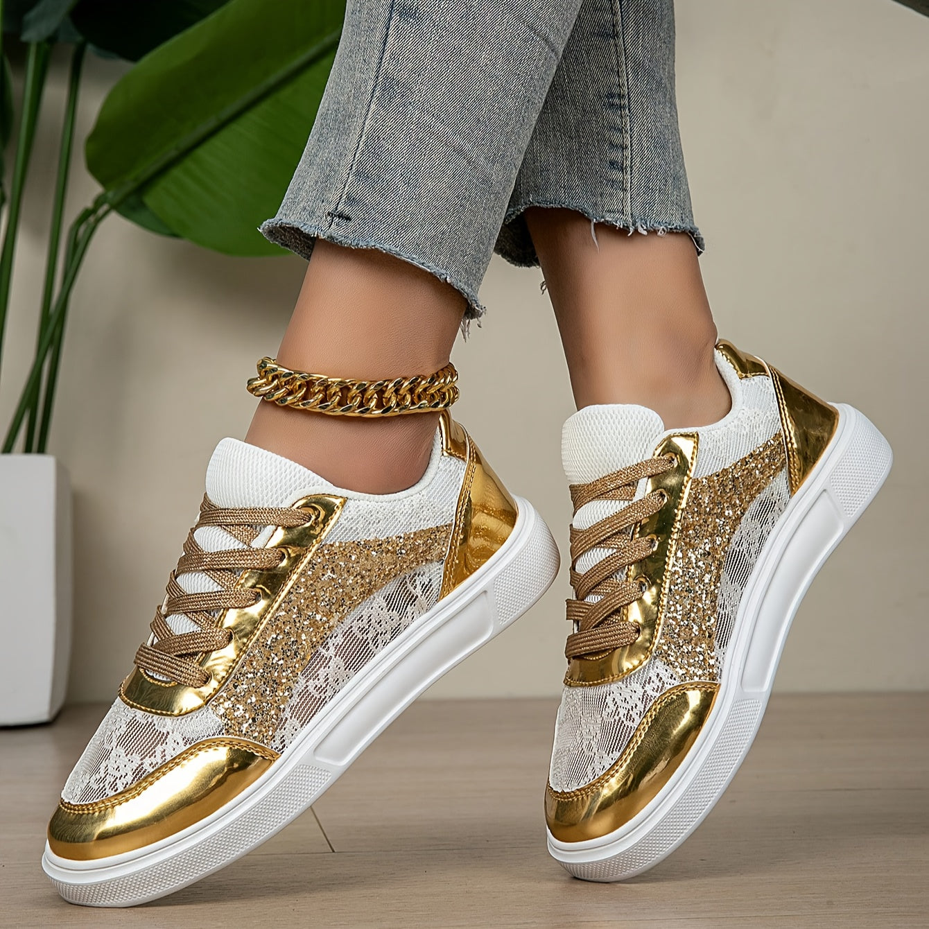 Women's Glitter Golden Lace-Up Low-Top Sneakers with Breathable Cut-Out Design & Thick Cushioned MD Sole - Synthetic Cover & Fabric Casual Shoes for All-Season Comfort, Sporty Streetwear, Airflow Enhancing Cutouts