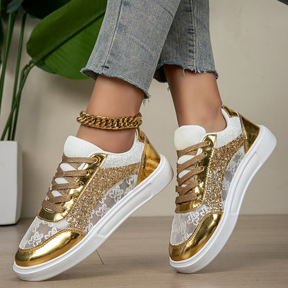 Women's Glitter Golden Lace-Up Low-Top Sneakers with Breathable Cut-Out Design & Thick Cushioned MD Sole - Synthetic Cover & Fabric Casual Shoes for All-Season Comfort, Sporty Streetwear, Airflow Enhancing Cutouts