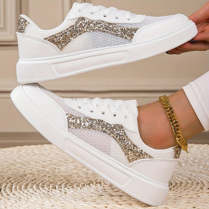 Women'S Fashion Sneakers | Comfortable Low-Top Lace-Up Casual Sports Shoes | Breathable Synthetic Cover with Glitter Accents | All-Season EVA Sole | Versatile Round-Toe Design, Ladies Sneaker