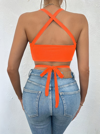 Lace Up Crop Spaghetti Strap Top, Sexy Backless Cami Top For Summer, Women's Clothing