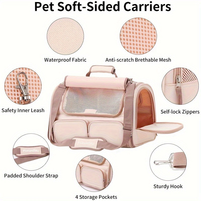 Cat Carrier, 4 Mesh Windows Small Dog Carrier, 4 Storage Pockets Cat Travel Bag, Under 44 lb Airline Approved Pet Carrier, Rollable Cover for Nervous Cats, Pink