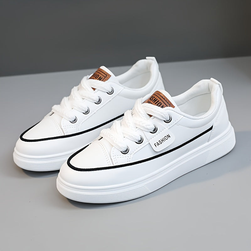 Sneakers basse casual da donna - Leggere, con lacci, design basso in bianco, oro e nero con suola in gomma, calzature alla moda per tutte le stagioni, scarpe carine