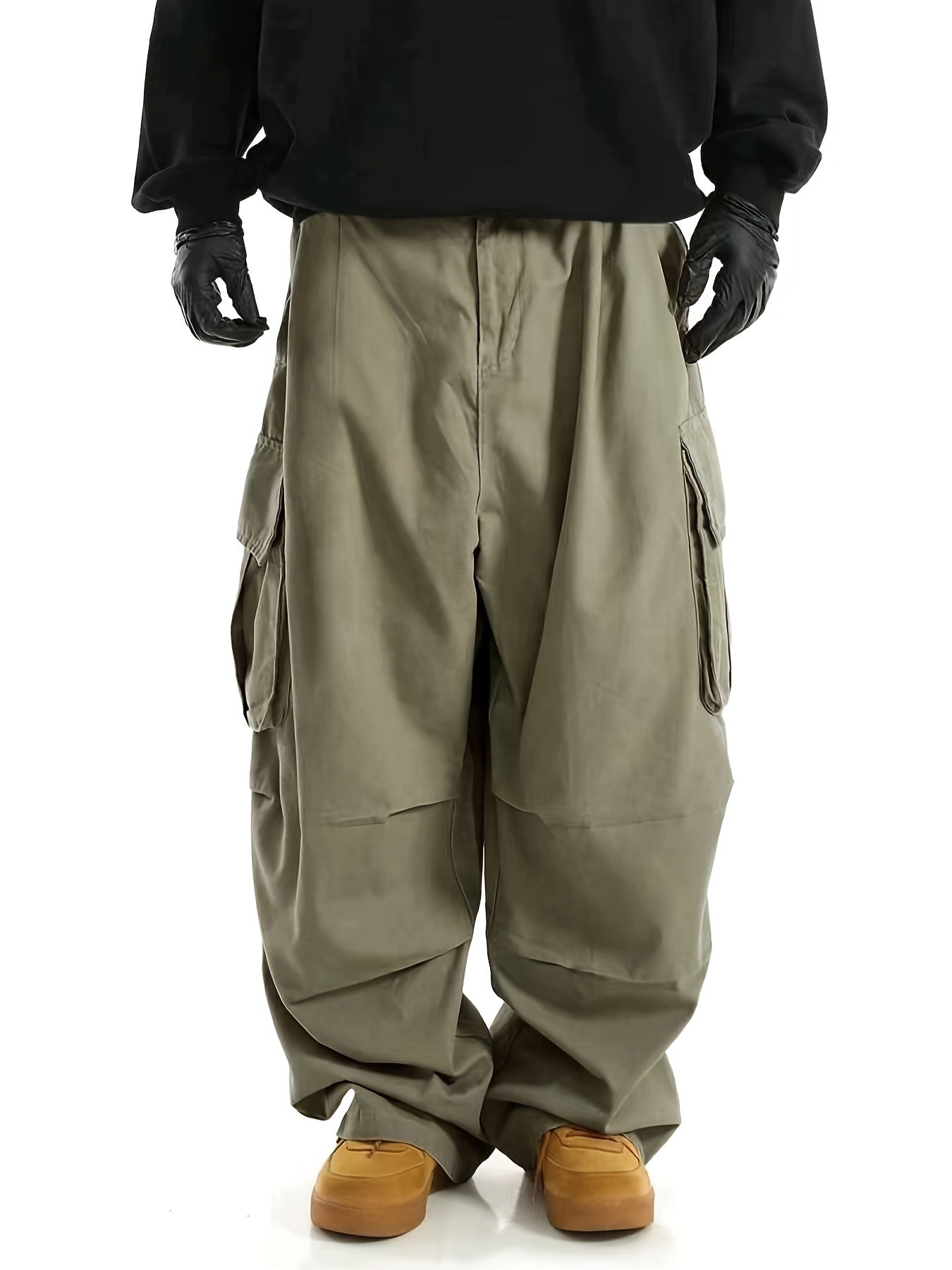 Solid Multi Flap Pockets Men's Straight Leg Cargo Pants, Loose Casual Outdoor Baggy Pants, Men's Work Pants Streetwear