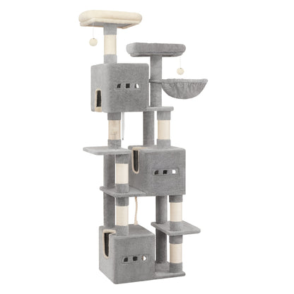 Large Scratching Post, 193cm Cat Tree, Multi-storey Cat Scratching Post for Large Cats, with 3 Caves, 6 Scratching Posts, 1 Lounger, 3 Plush Balls, Dark Grey/light Grey