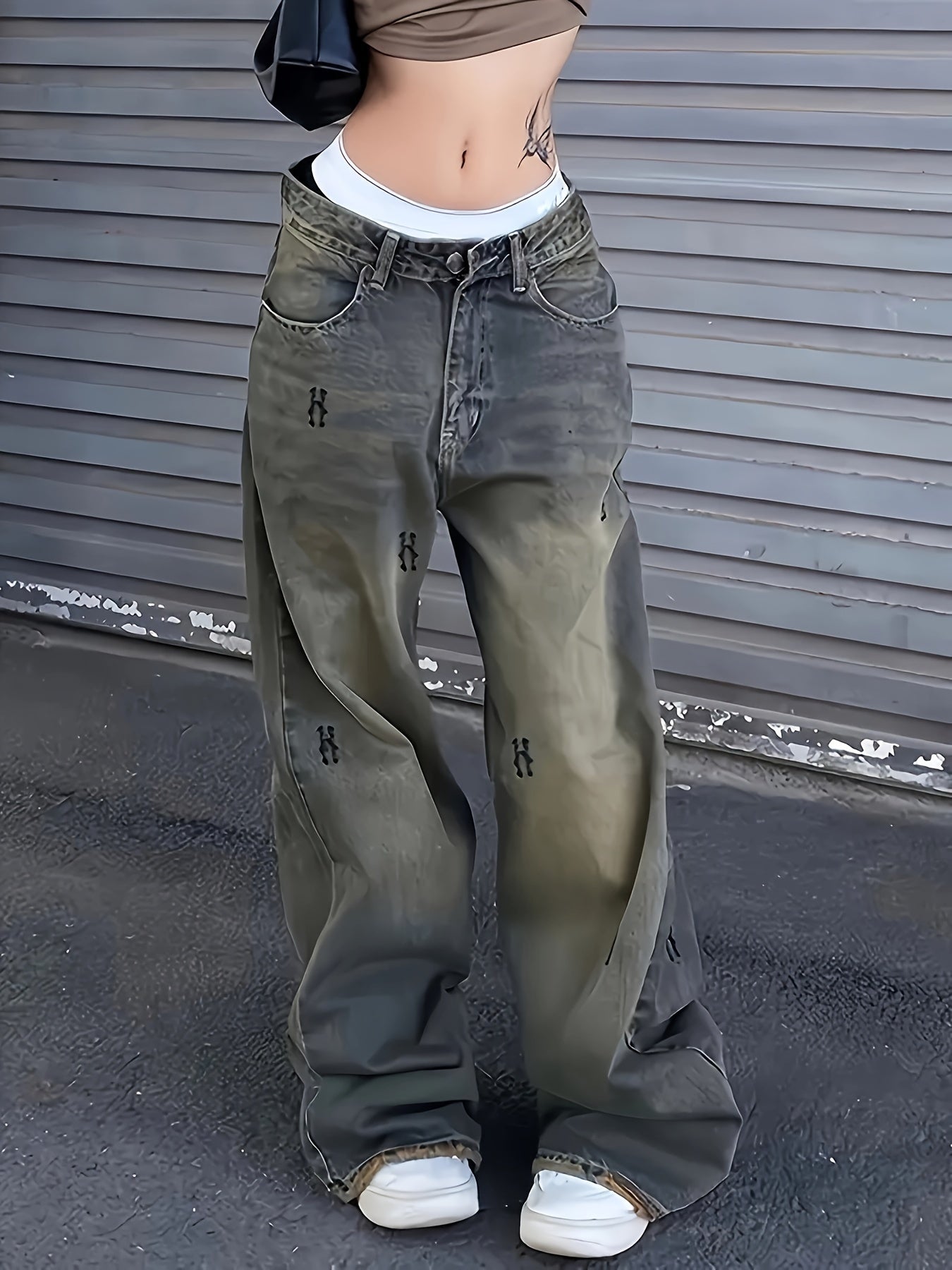 Y2K Style Distressed Wased Loose Fit Baggy Denim Pants, Wide Leg Streetwear Jeans, Women's Denim Jeans & Clothing For Fall