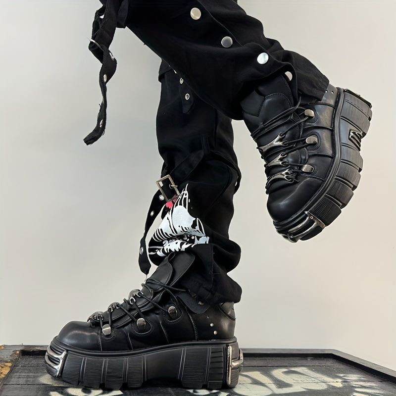 Women's Metallic Decor Platform Sneakers, Punk Rock Lace Up Outdoor Shoes, Comfortable Heel Height Shoes, Gothic Ankle Boots Round Toe Thick Sole Booties plus size